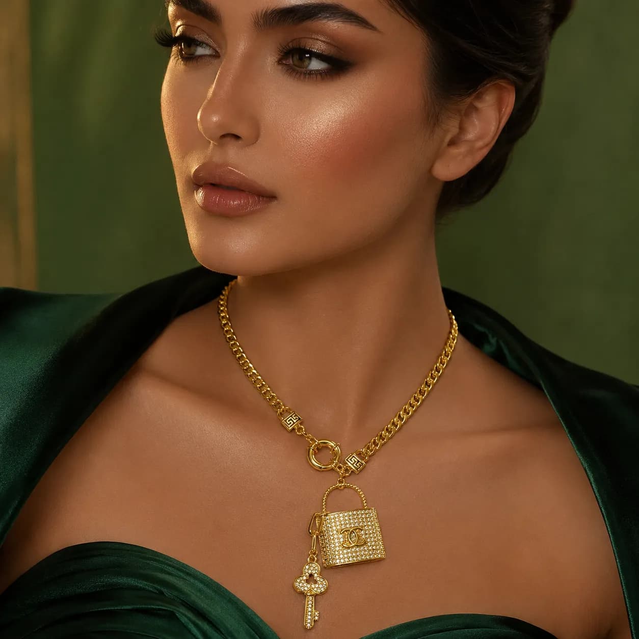 سلسال مفتاح وقفل مرصع زركون